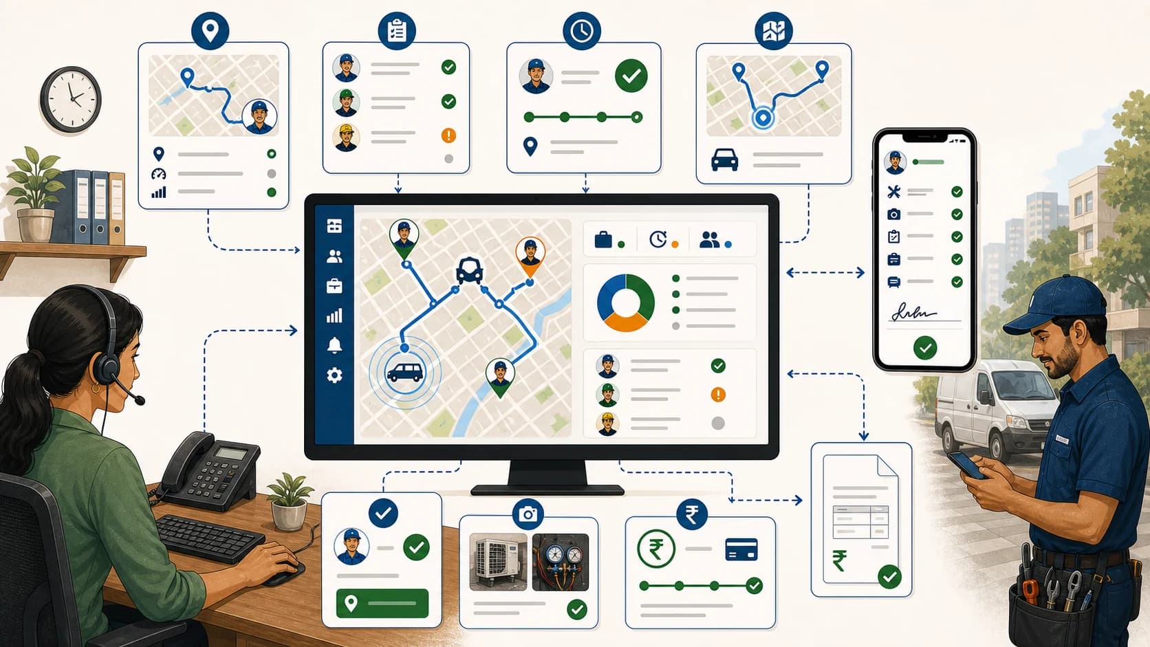 Technician location, live job status, proof, payment status, and dashboard review workflow