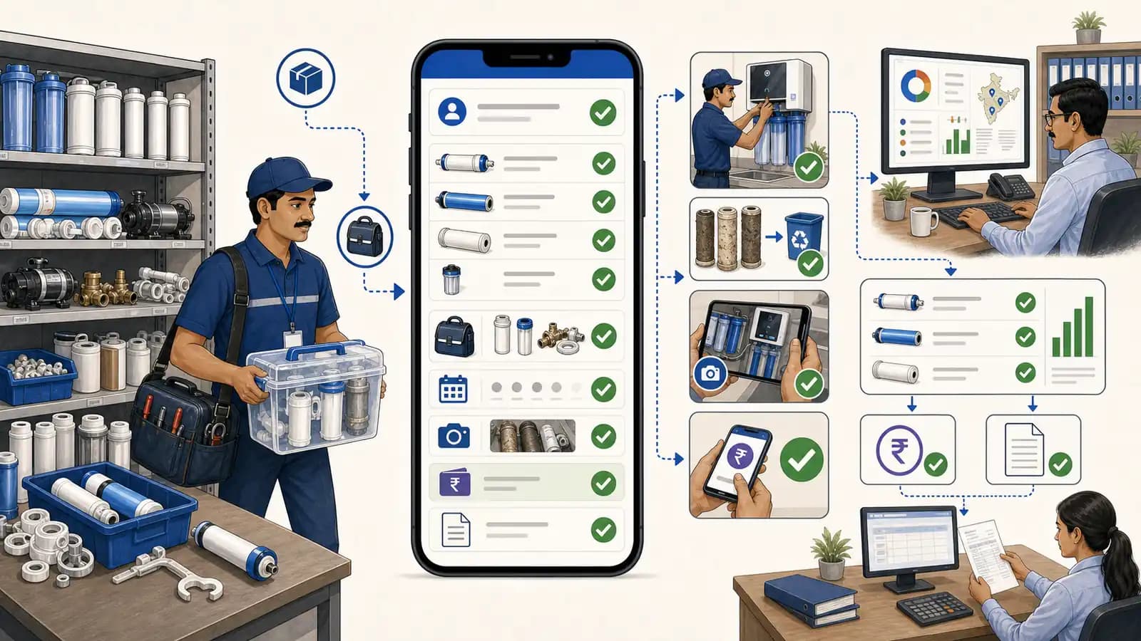 Water purifier filter inventory workflow showing RO filters, technician stock, AMC visit proof, payment status, and GST billing handoff