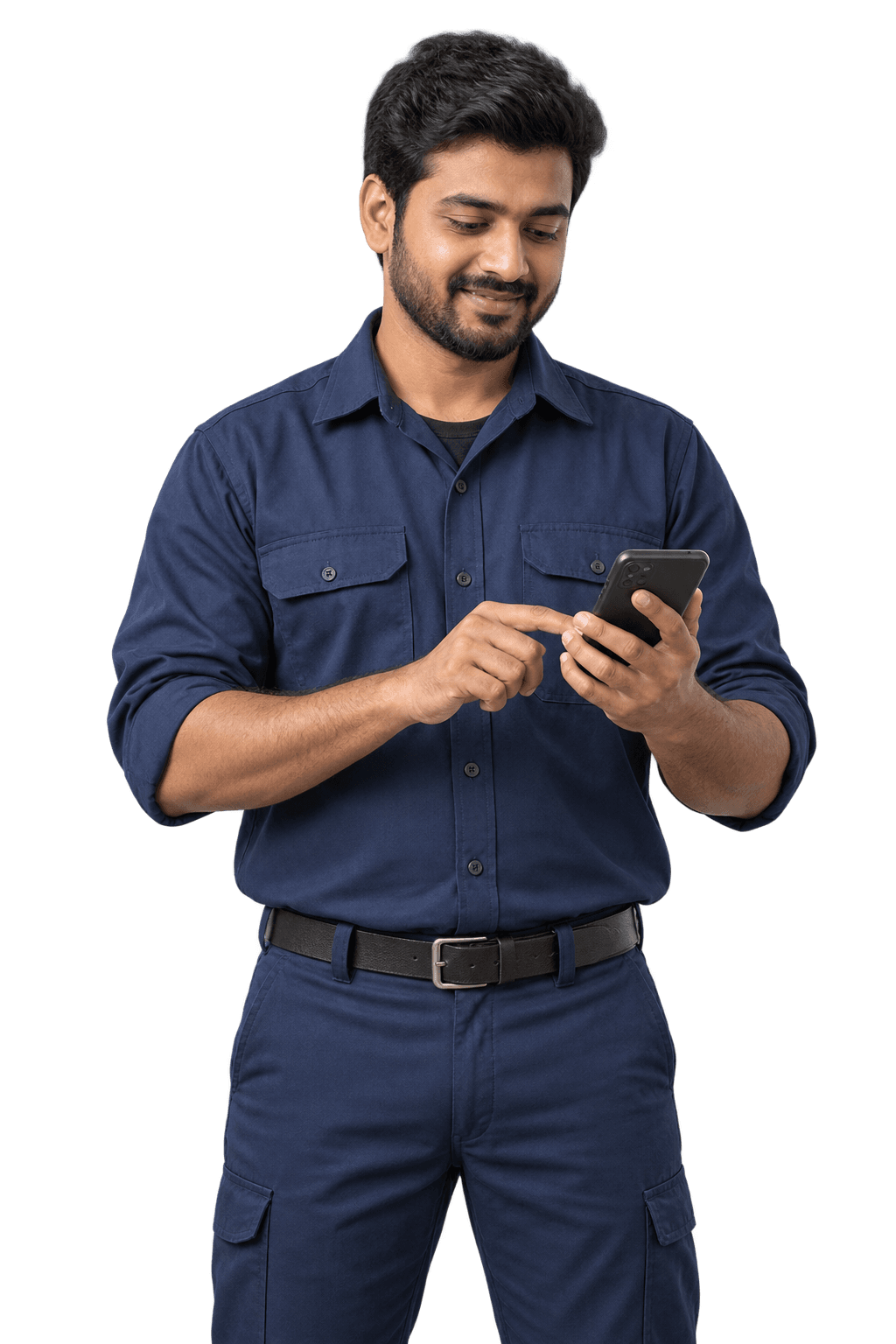 Indian service technician holding and using a smartphone
