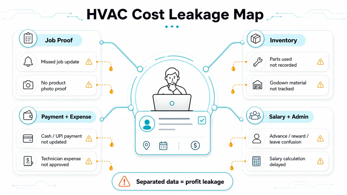 HVAC project cost leakage map for material issue expenses cash UPI advances salary rewards and reports