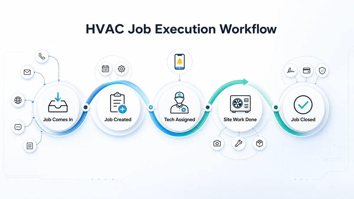 HVAC project management software workflow from job source to technician assignment proof payment reports and AMC handover