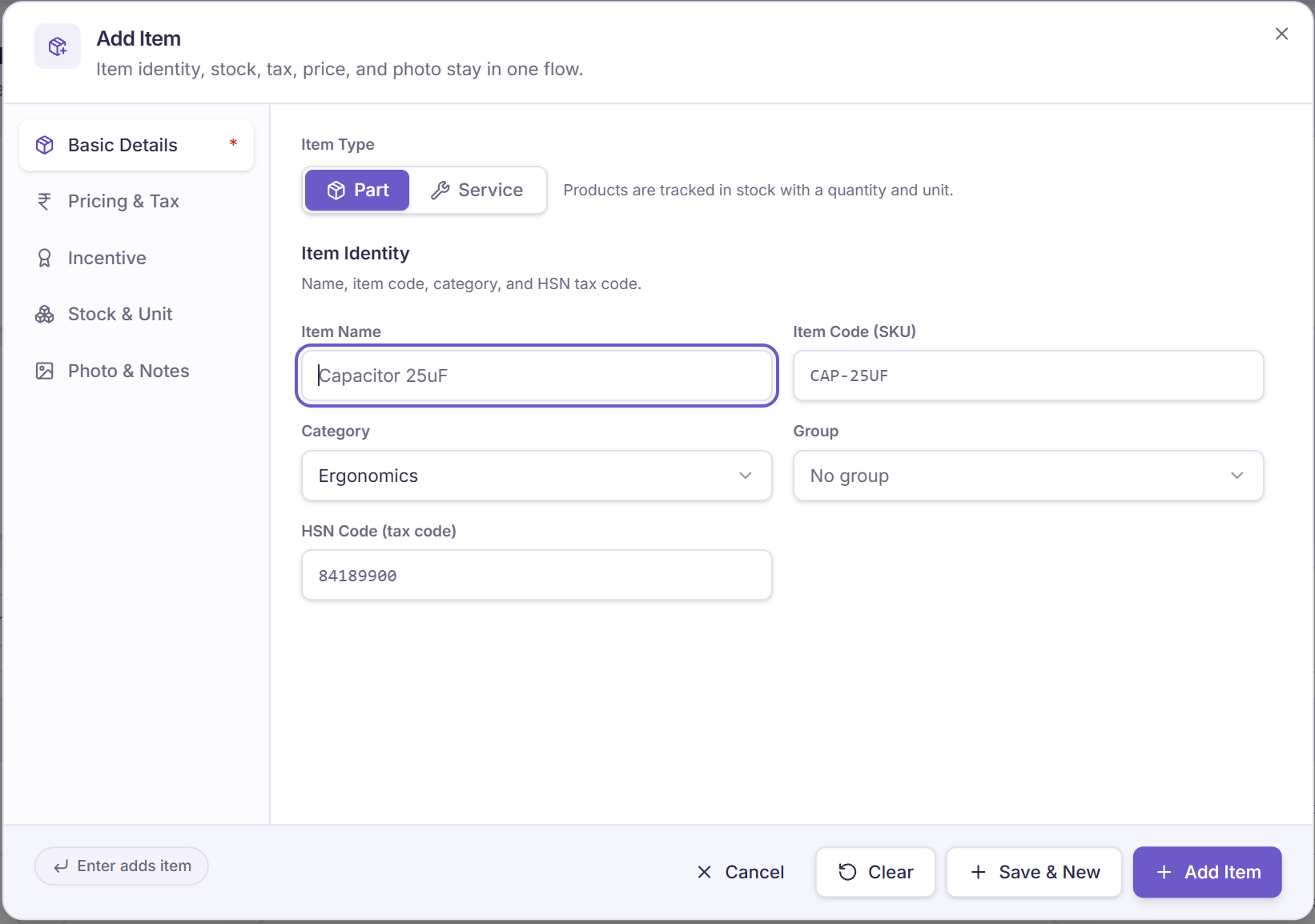 Supplied KaryaFlow Add Item Basic Details screen with Part selected and name, SKU, category, group and HSN fields
