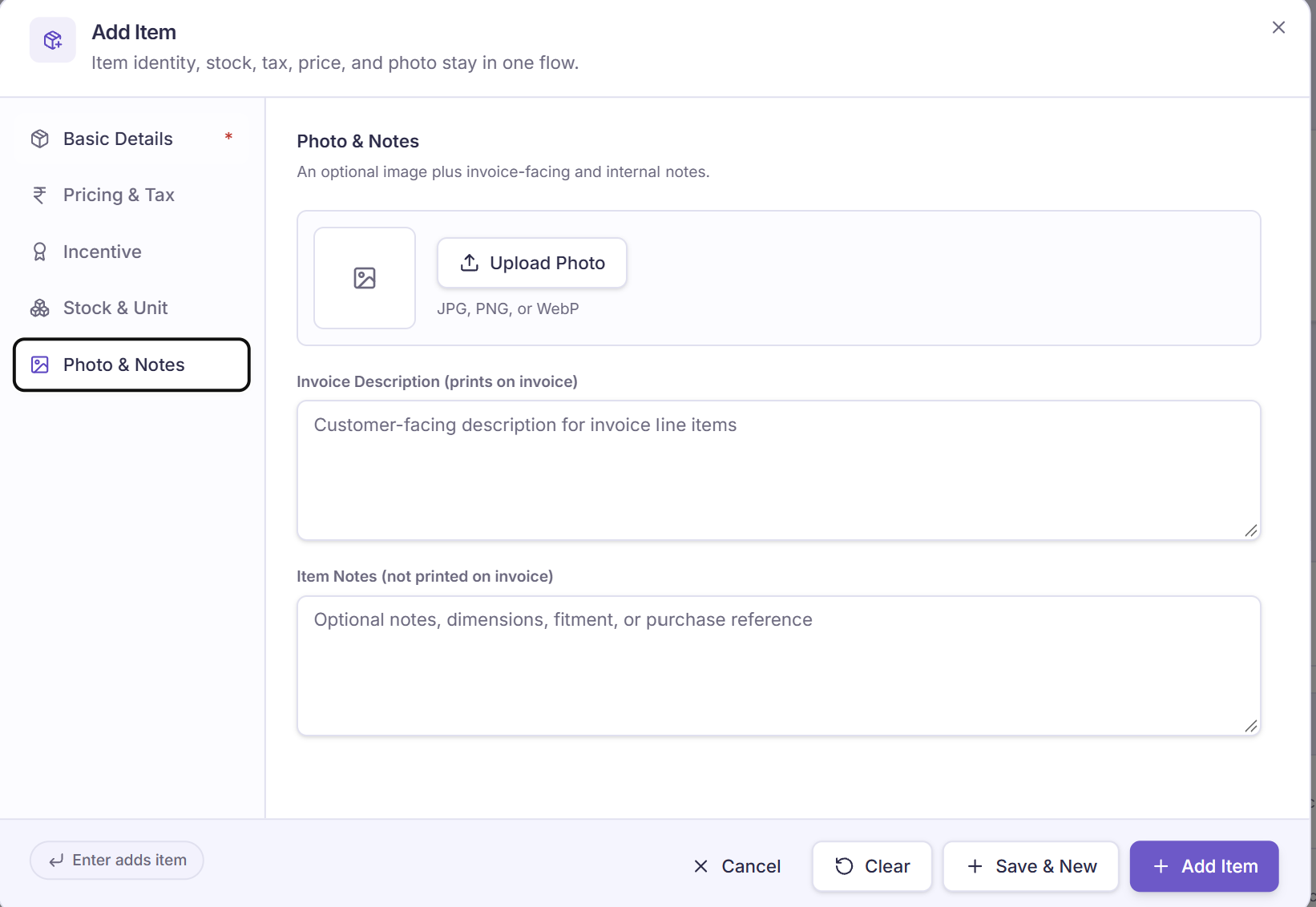 Supplied KaryaFlow Add Item Photo and Notes screen with upload control, invoice-description and item-notes fields